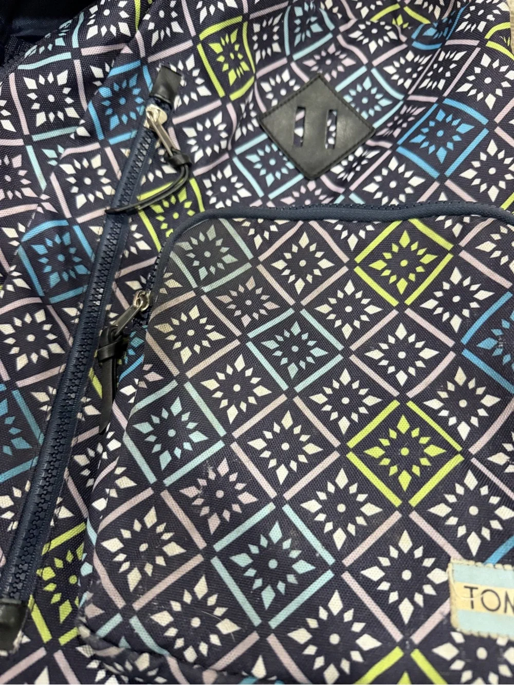 TOMS Navy Backpack with Blue and Lime Geometric Print
